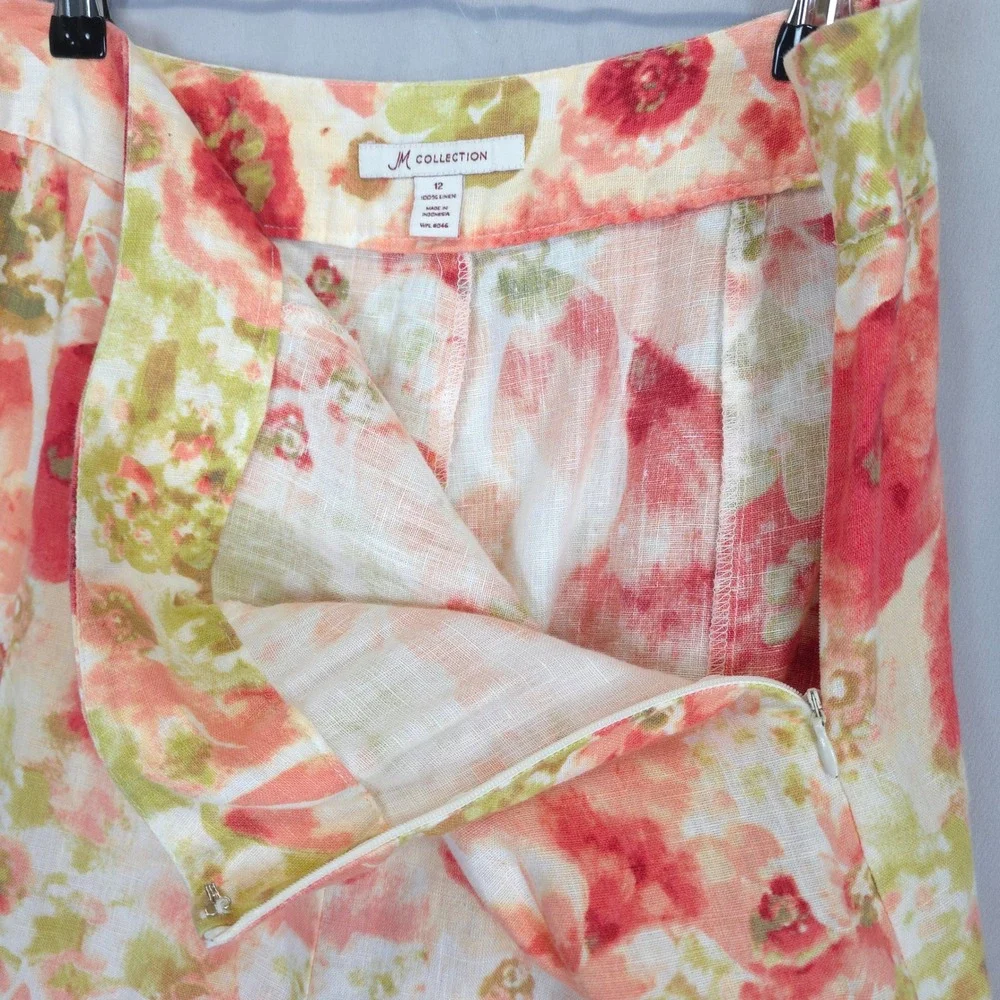 Watercolor Floral Linen Skirt Peach Coral Boho Flowy Midi Women 12 JM Collection